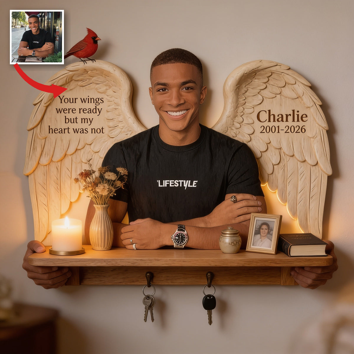 Personalized Memorial Black Man Wooden Floating Shelf Keepsake Wall Decor