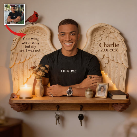 Personalized Memorial Black Man Wooden Floating Shelf Keepsake Wall Decor