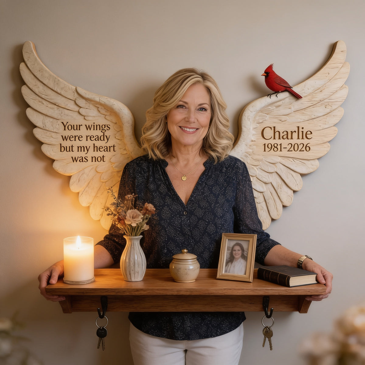 Personalized Middle-Aged Woman Memorial Wooden Floating Shelf Mom Wife Tribute Decor