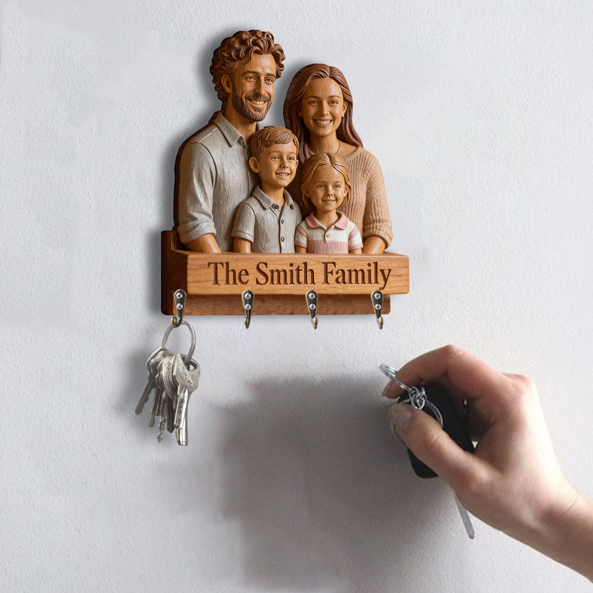 Personalized Family Of Three Custom Wood Key Hanging Rack Home Decor Gift