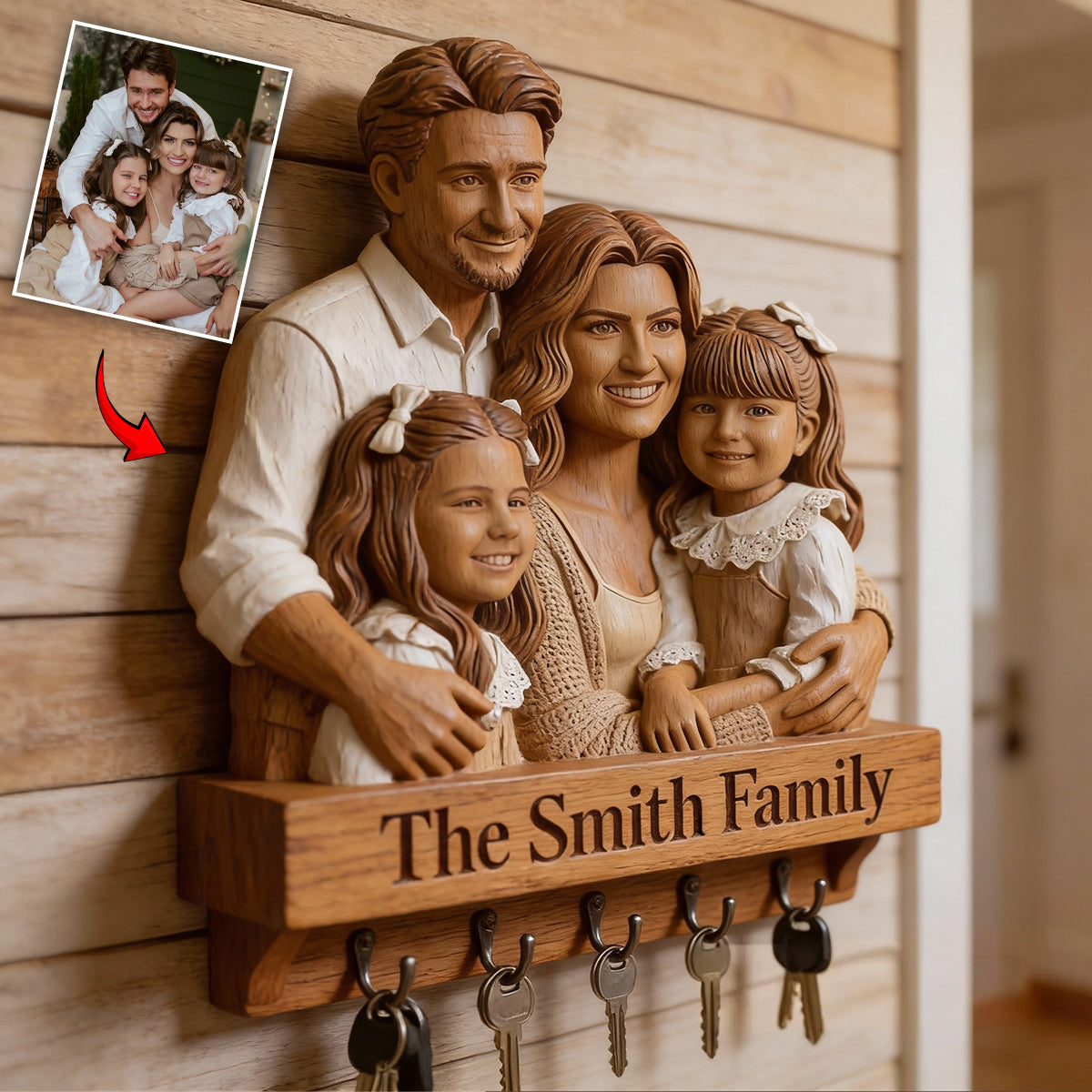 Personalized Family Of Three Custom Wood Key Hanging Rack Home Decor Gift