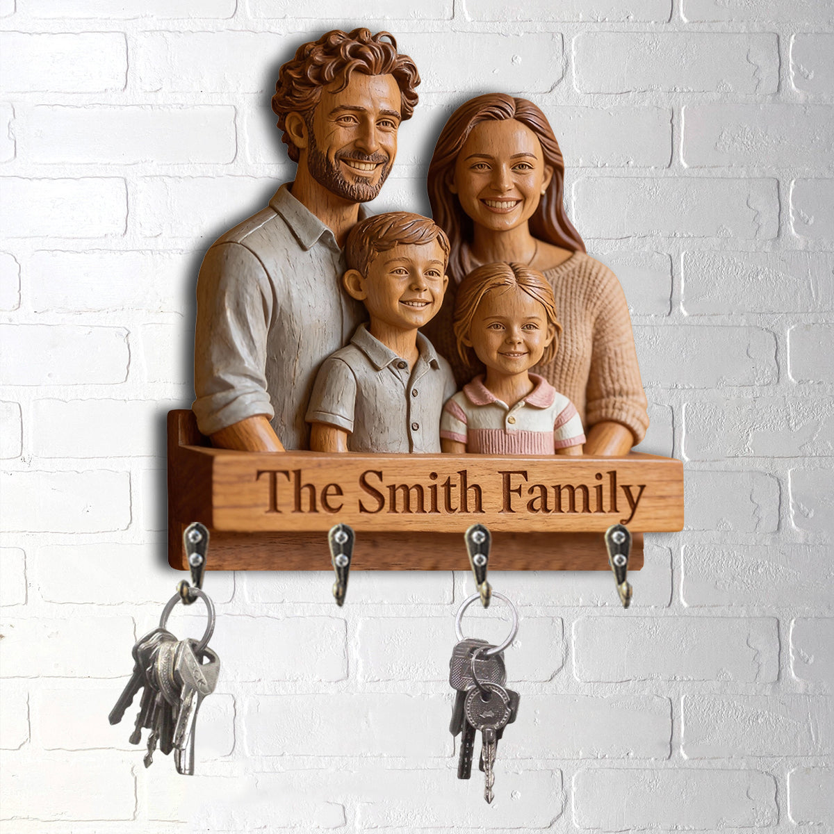 Personalized Christmas Family of Four Wooden Hanging Key Rack Gift