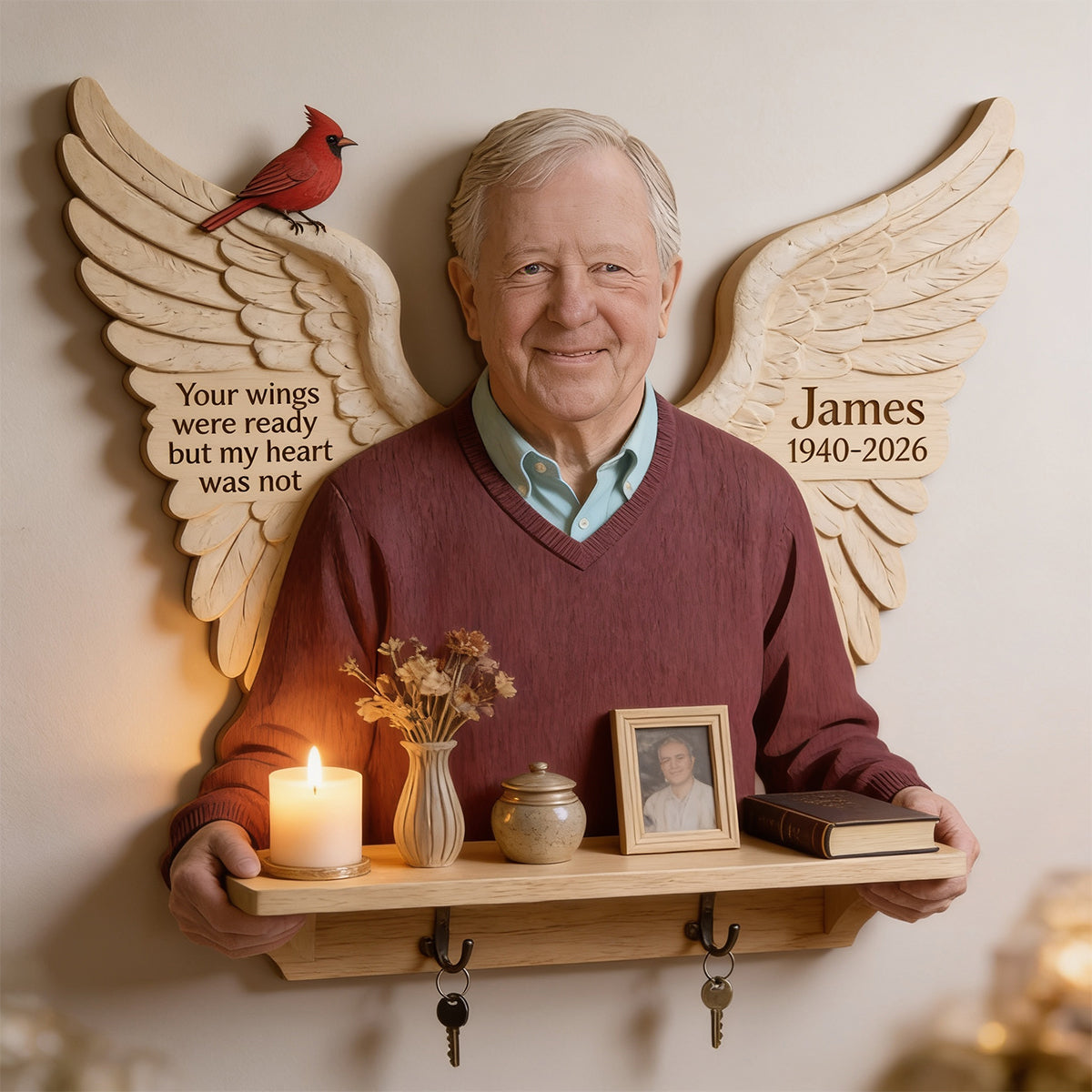 Personalized Memorial Black Man Wooden Floating Shelf Keepsake Wall Decor