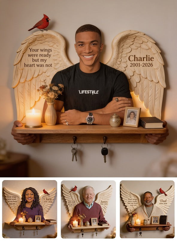 Personalized Memorial Black Man Wooden Floating Shelf Keepsake Wall Decor