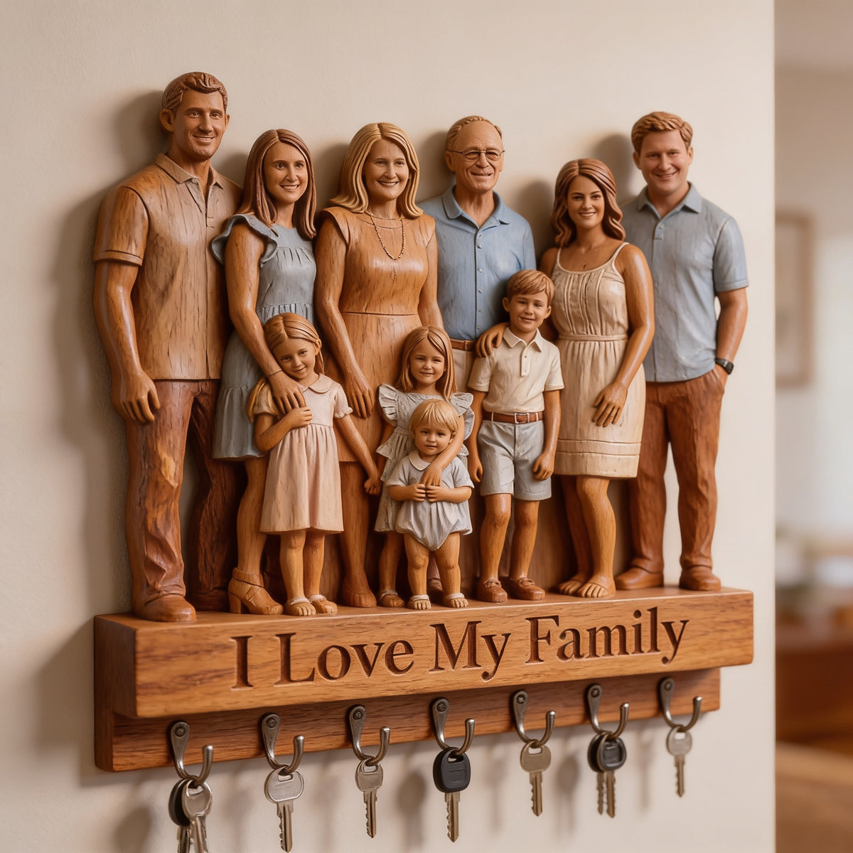 Personalized Big Family Custom Wooden Key Holder Rack Wall Decor