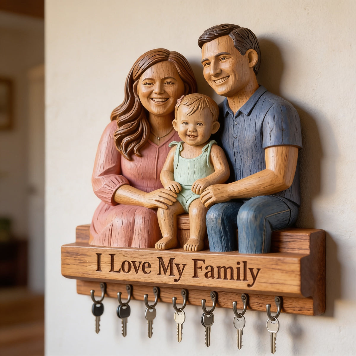 Personalized Family Of Three Custom Wood Key Hanging Rack Home Decor Gift