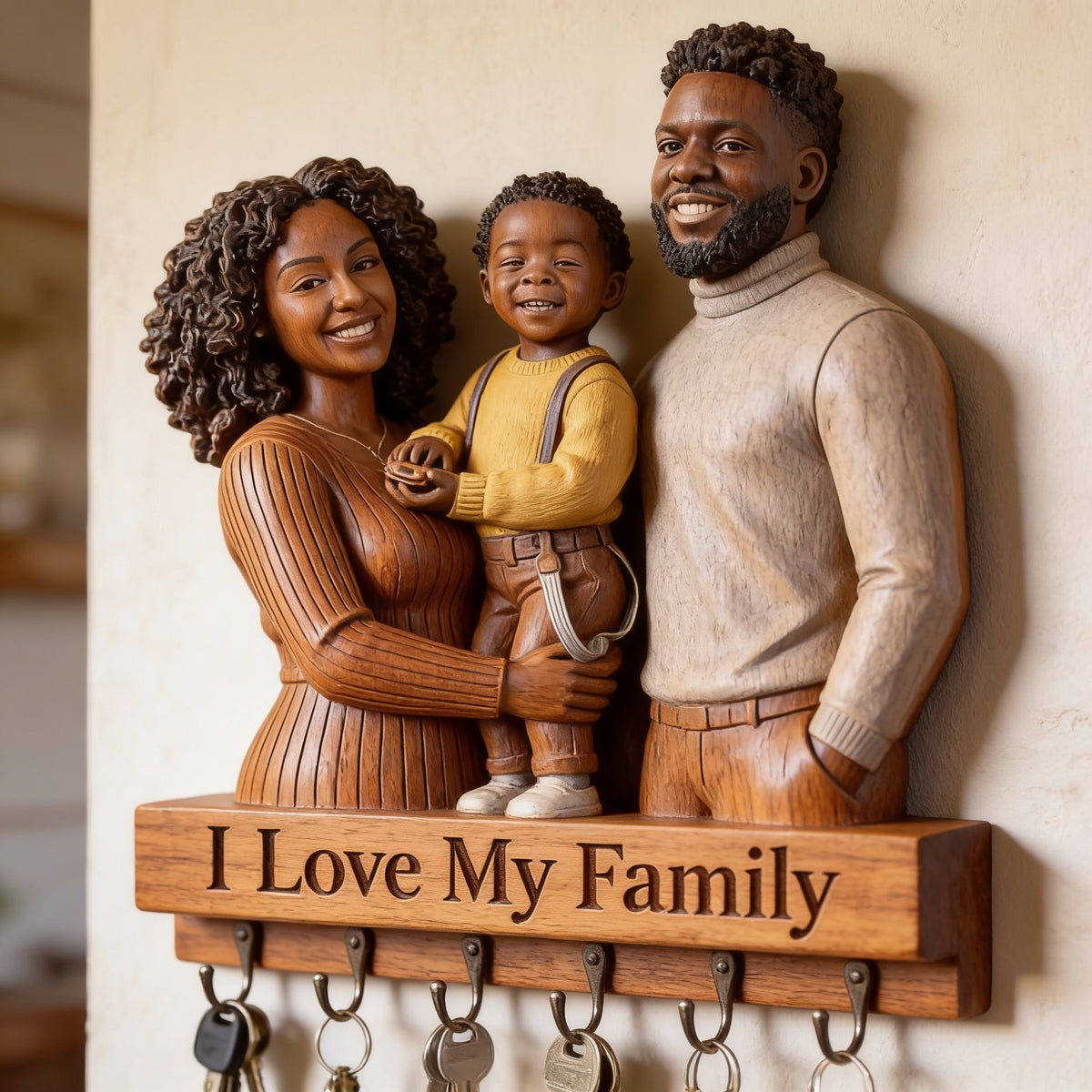 Personalized Black Family Of Three Wooden Hanging Key Rack Wall Decor Gift