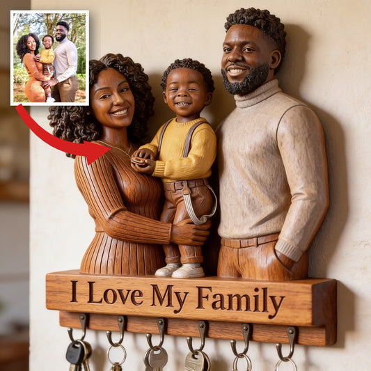 Personalized Black Family Of Three Wooden Hanging Key Rack Wall Decor Gift