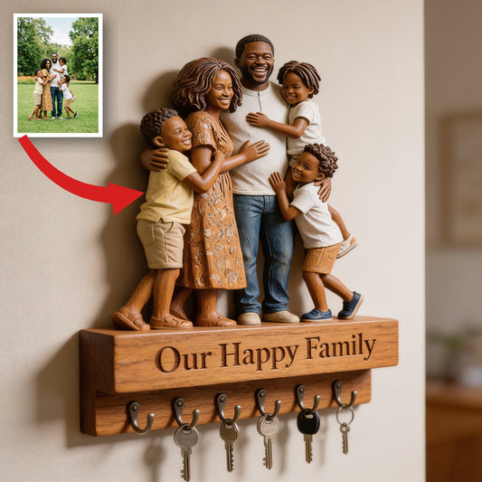 Personalized Black Family of Five Wooden Key Holder Hanging Rack Entryway Decor