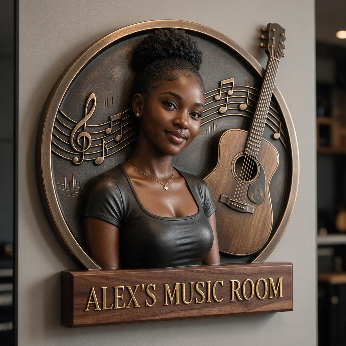 Custom Photo Black Woman Music Guitar 3D Cut Metal Sign Music Room Decor
