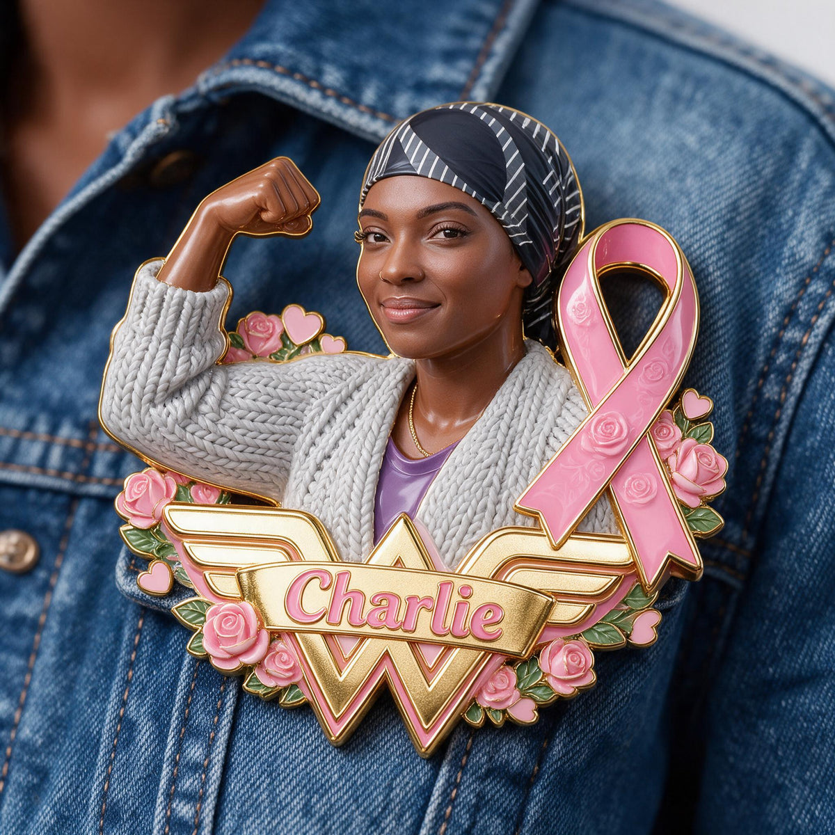 Personalized Black Breast Cancer Woman 3D Embossed Enamel Pin Awareness Gift