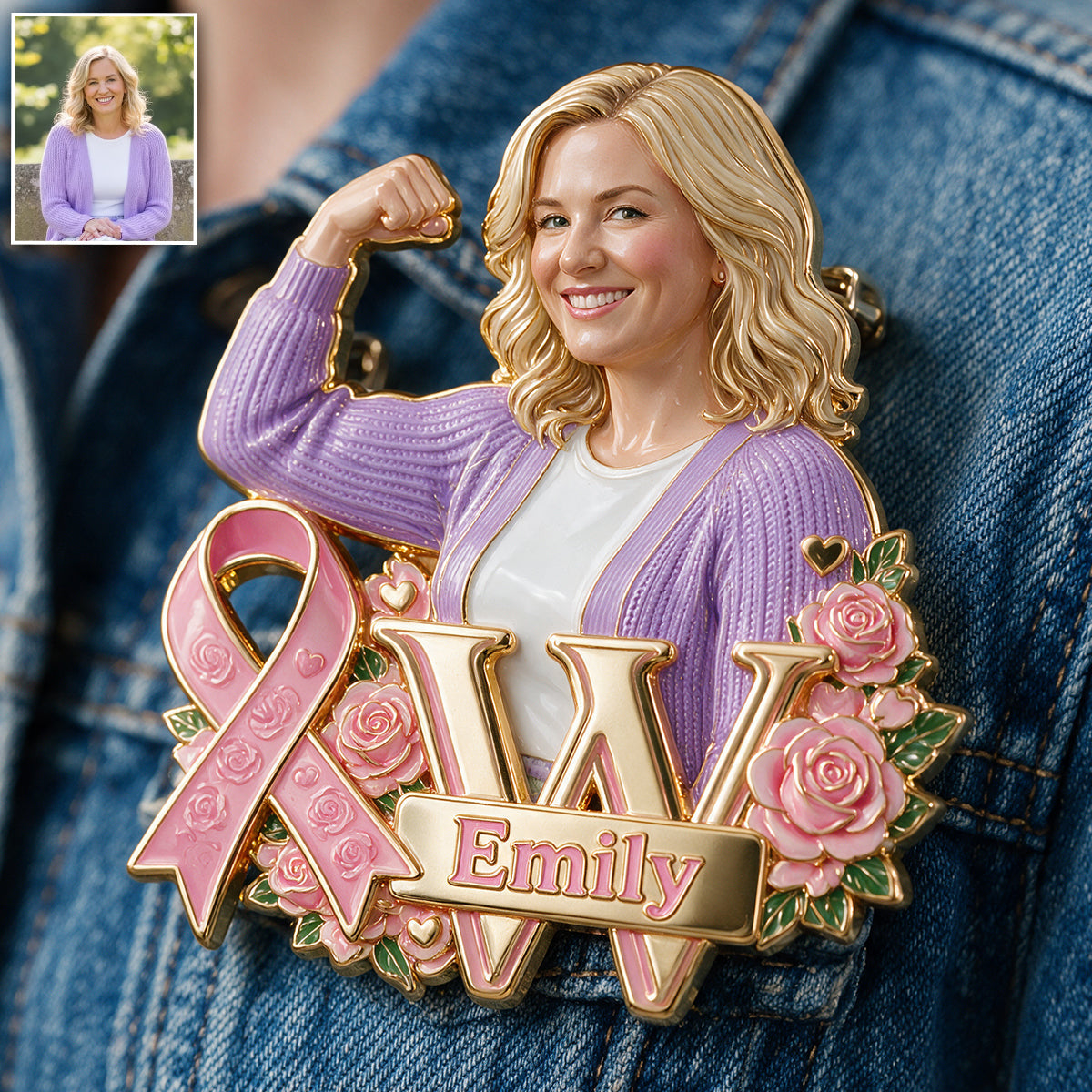 Personalized Middle-Aged Black Breast Cancer Woman 3D Embossed Enamel Pin Awareness Gift