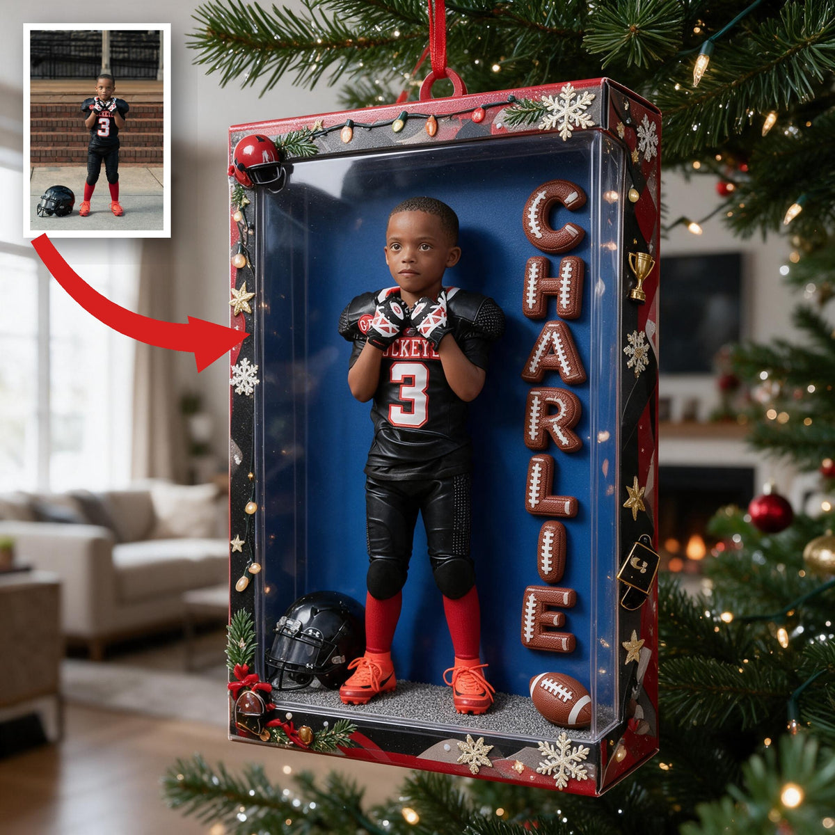 Personalized Christmas Black Child Football Player Keepsake Ornament
