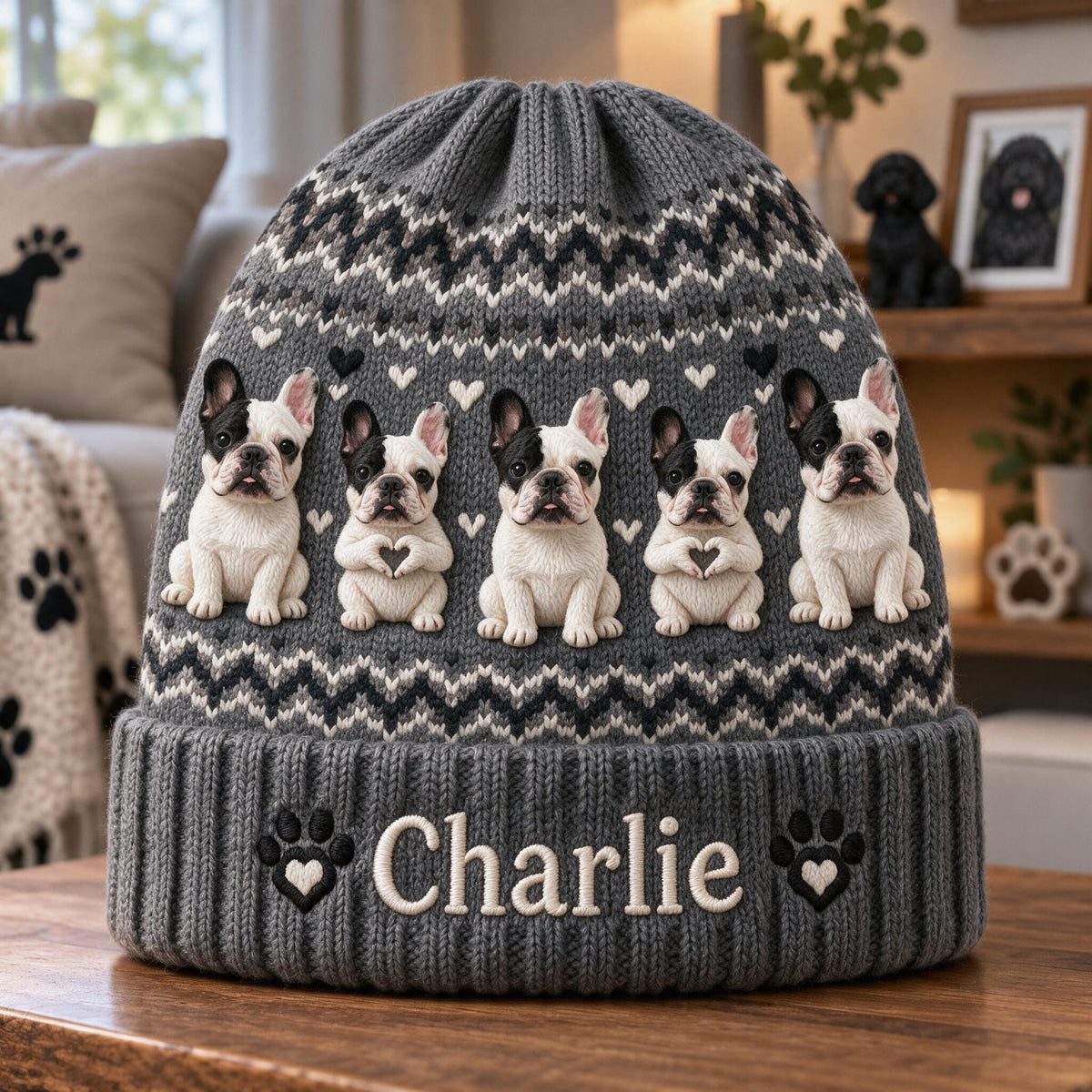Personalized French Bulldog Beanie Hat Custom Dog Lover Winter Gift