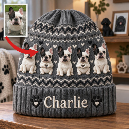 Personalized French Bulldog Beanie Hat Custom Dog Lover Winter Gift
