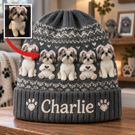 Personalized Fluffy Shih Tzu Beanie Hat Dog Lover Winter Gift