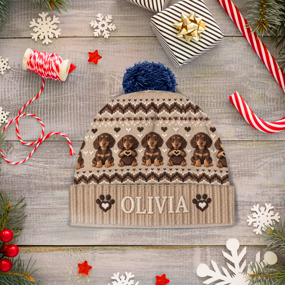 Personalized Black and Tan Dachshund Puppy Knit Beanie Hat Dog Lover Gift