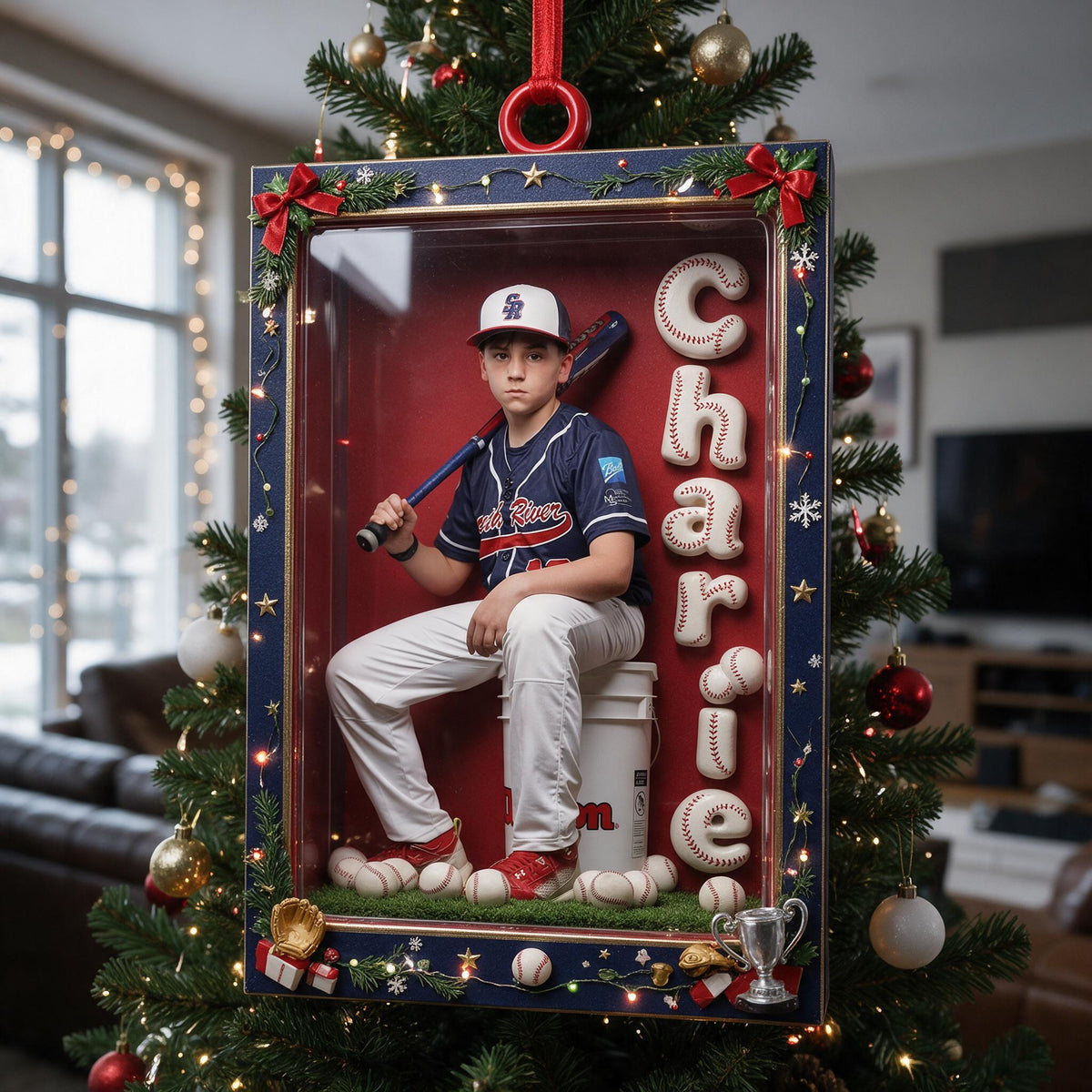 Personalized Christmas Latino Youth Baseball Player Keepsake Ornament