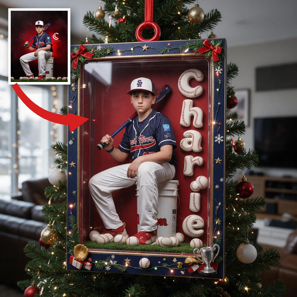 Personalized Christmas Latino Youth Baseball Player Keepsake Ornament
