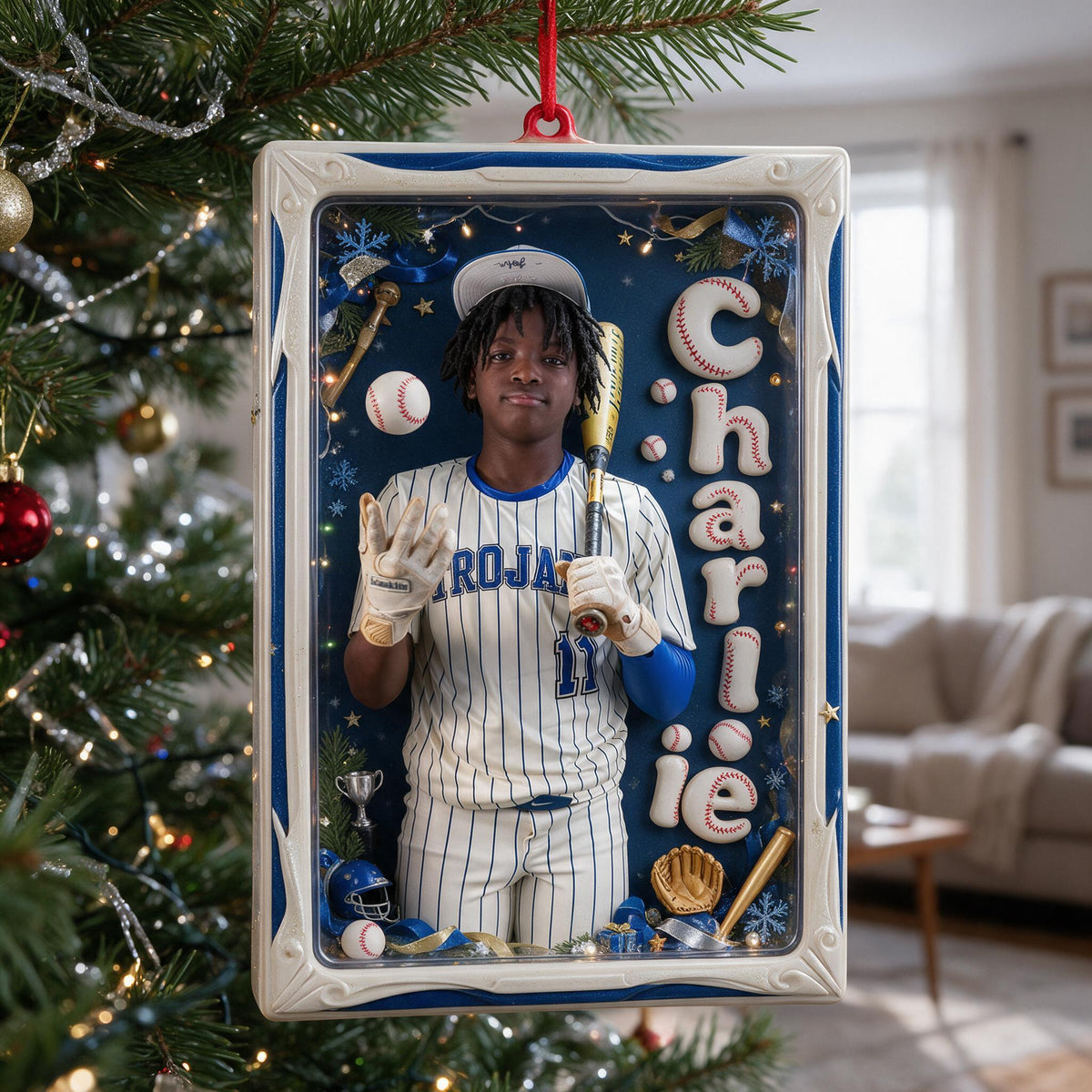Personalized Christmas Black Youth Baseball Player Ornament Sports Gift