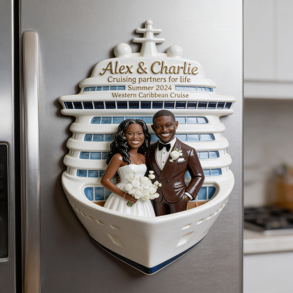 Personalized Wedding Black Couple Cruise Fridge Magnet Keepsake Gift