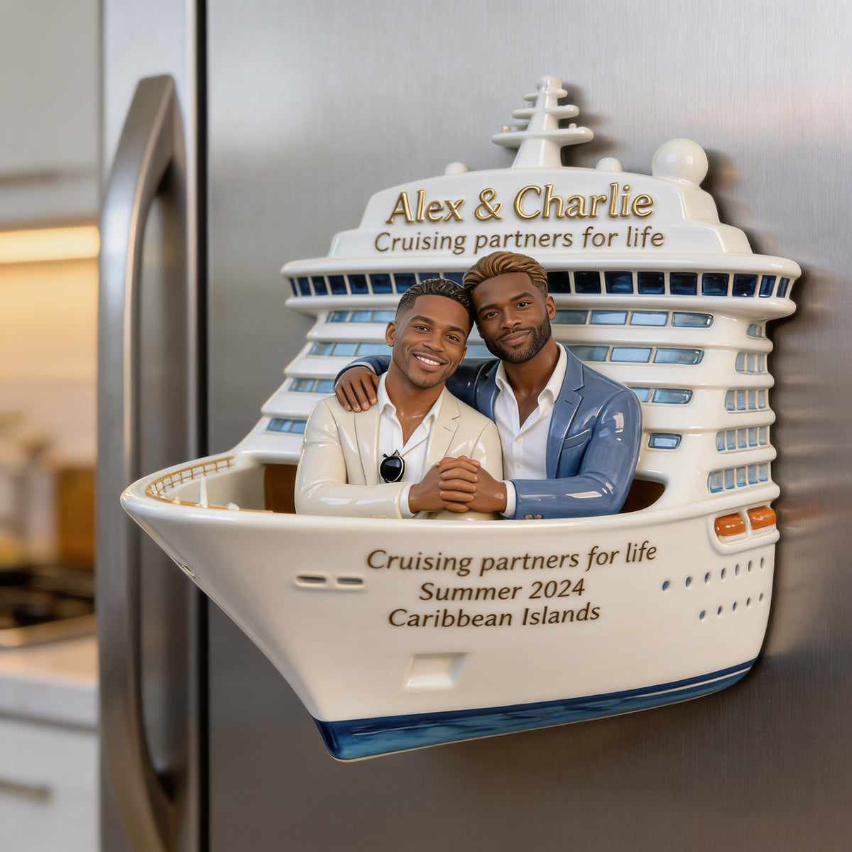 Personalized Black Gay Couple Cruise Fridge Magnet LGBT Keepsake