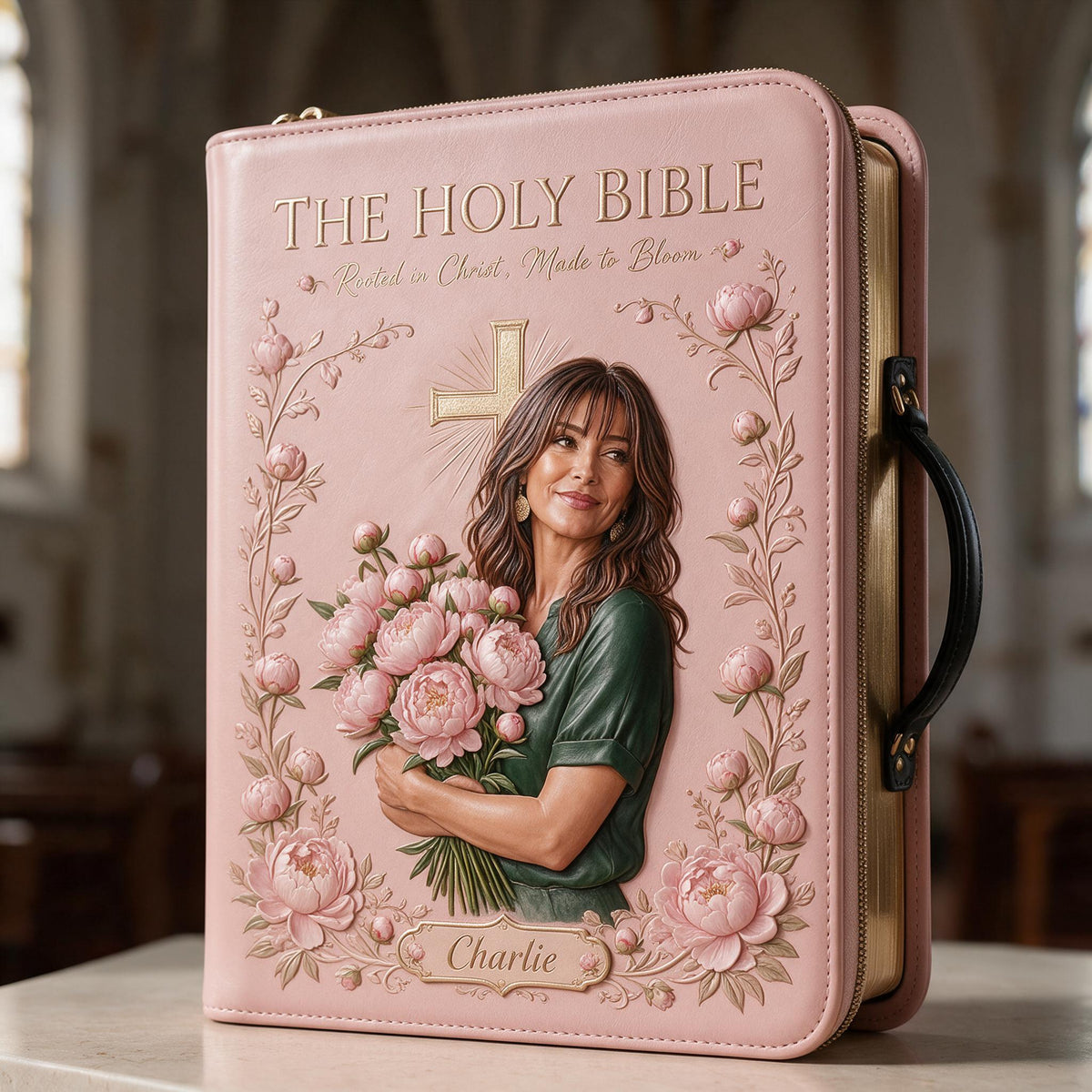 Personalized Middle-Aged Latina Woman Christian Leather Bible Cover Bag, Faith Gift
