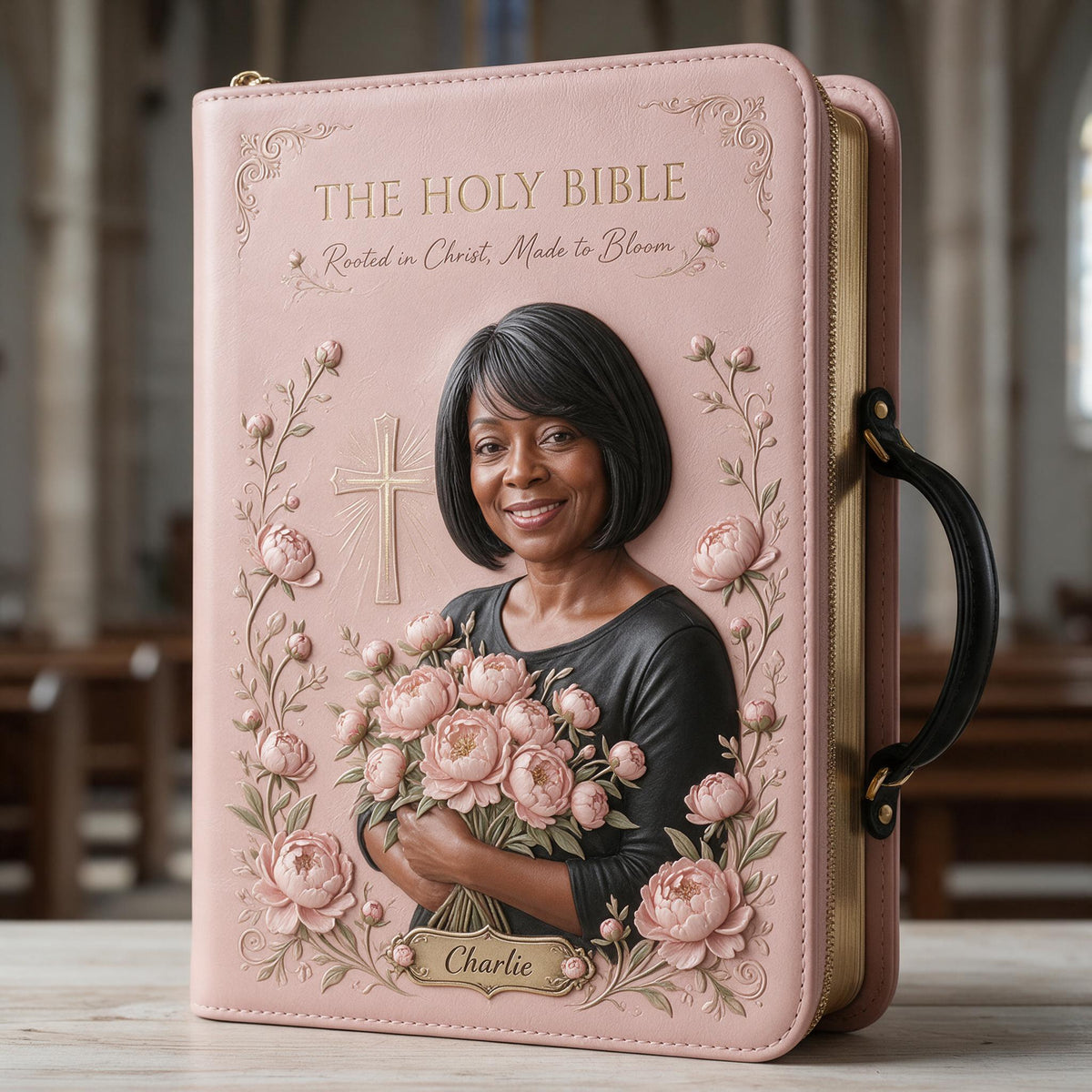 Personalized Middle-Aged Black Woman Christian Leather Bible Cover Bag Gift