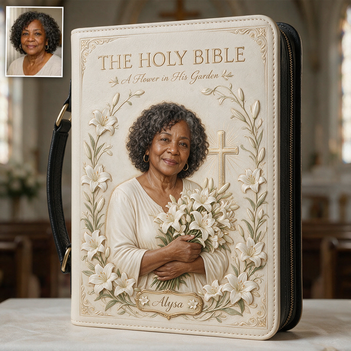 Personalized Middle-Aged Latina Woman Christian Leather Bible Cover Bag, Faith Gift