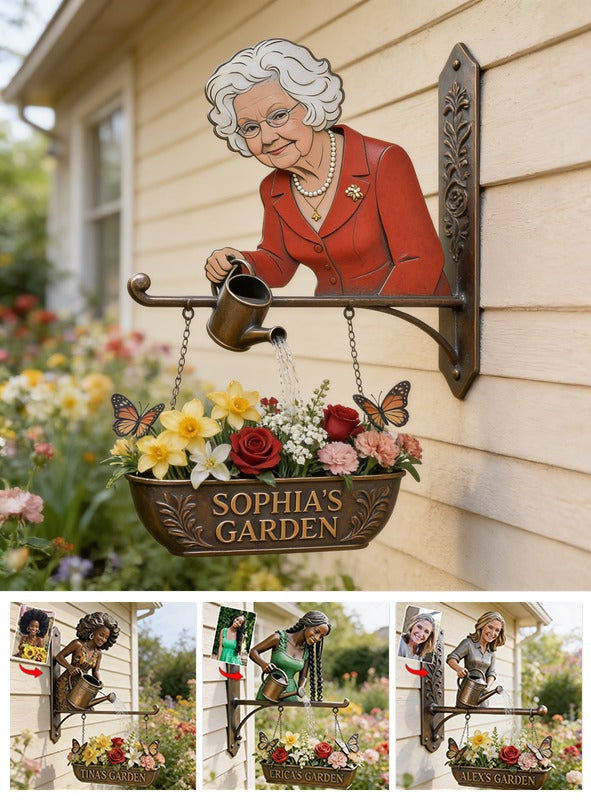 Custom Photo Older Woman Gardening Wooden Wall Mount Sign, Grandma Garden Decor Gift