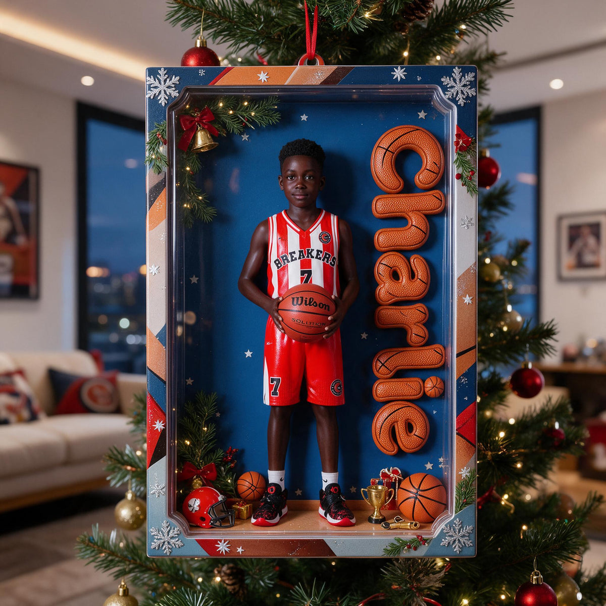 Personalized Christmas Black Male Youth Basketball Player Ornament Basketball Gift