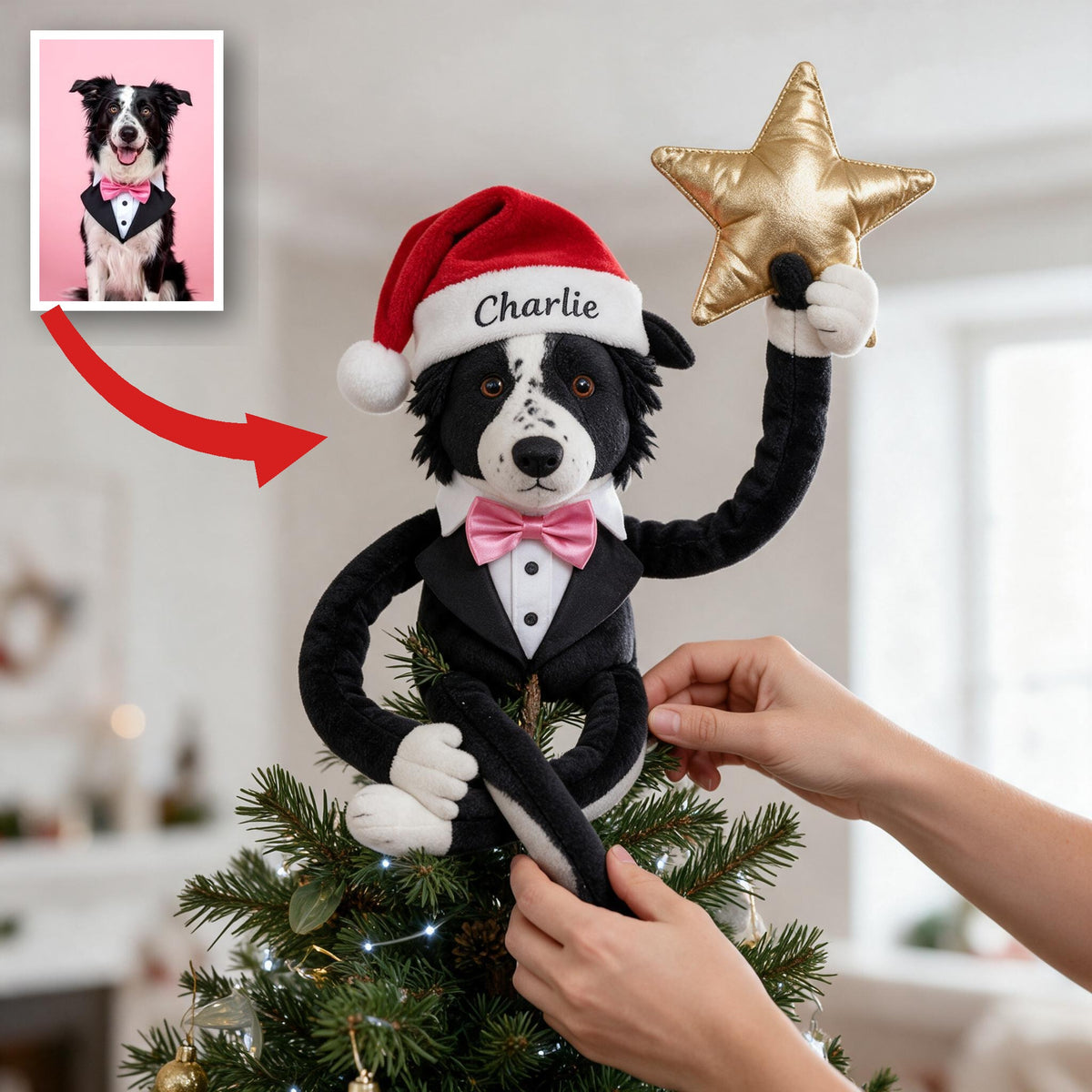 Personalized Christmas Border Collie Tuxedo Posable Plush Doll Tree Topper