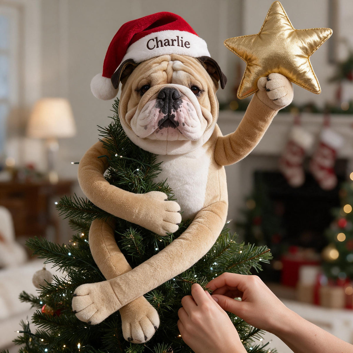 Personalized Christmas Fawn and White Adult Bulldog Posable Plush Doll