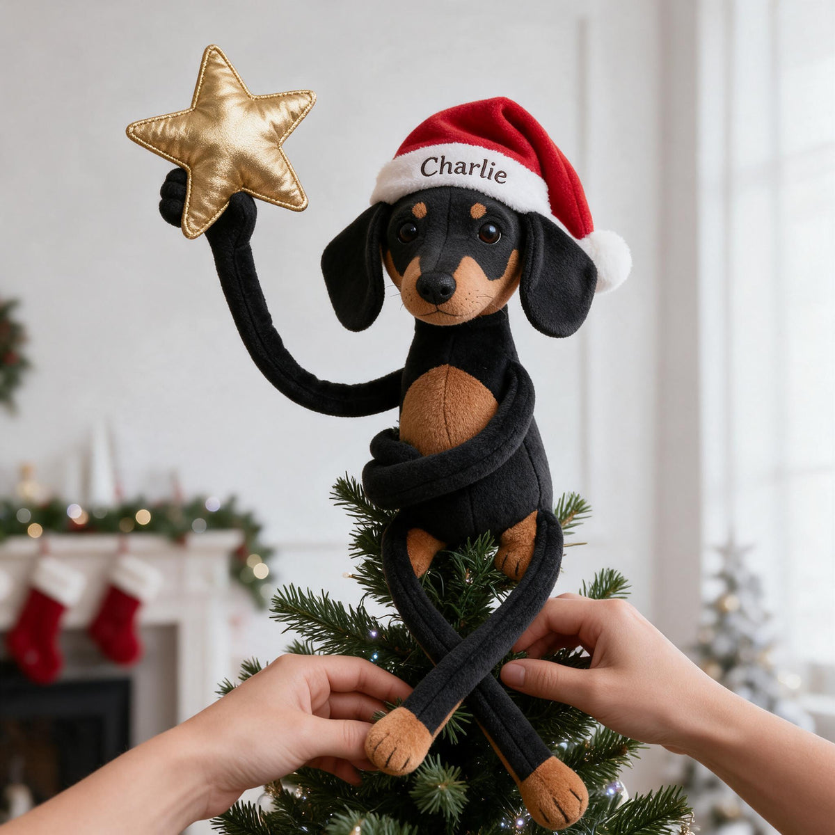 Personalized Christmas Black and Tan Dachshund Puppy Posable Plush Doll