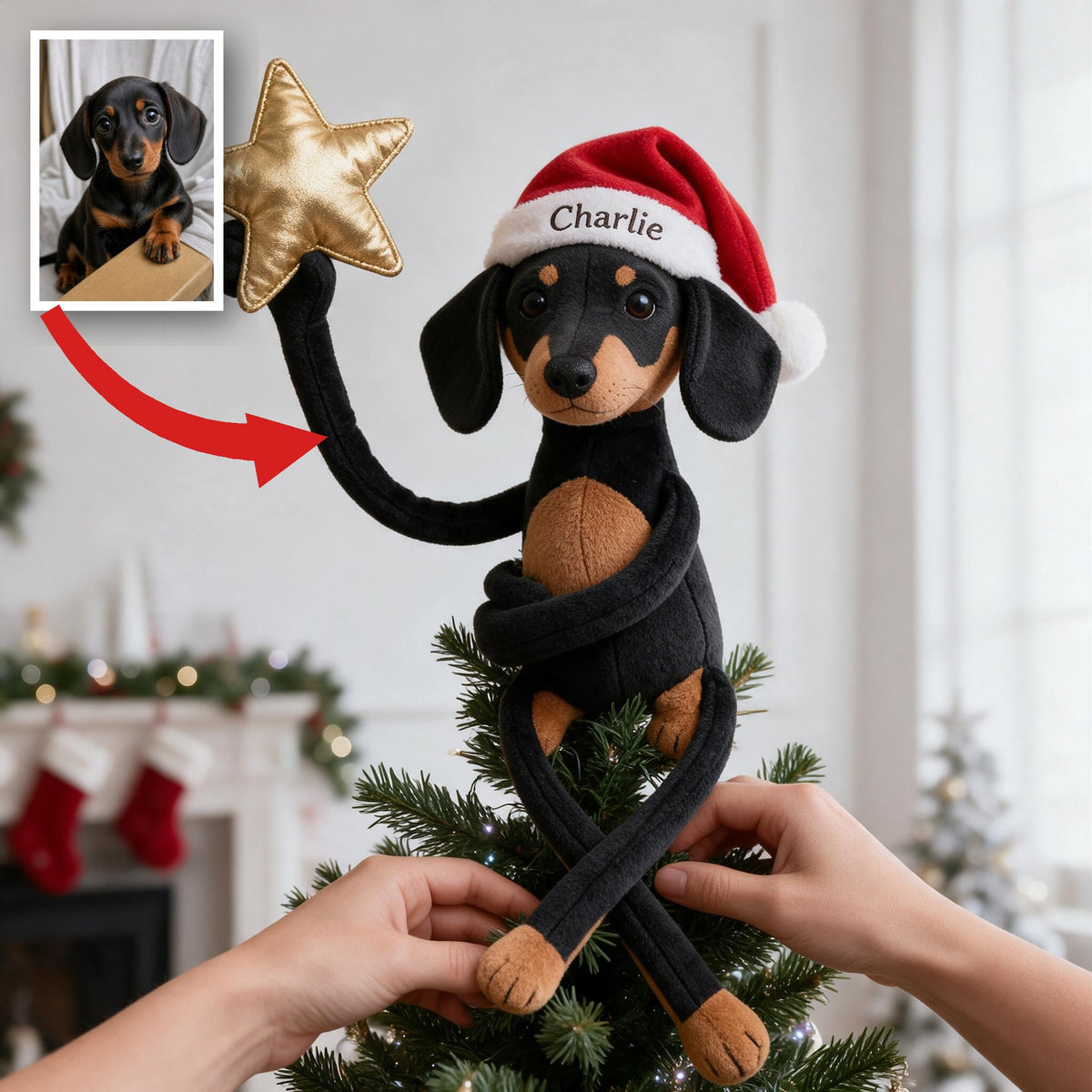 Personalized Christmas Black and Tan Dachshund Puppy Posable Plush Doll