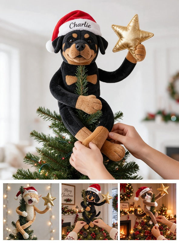 Personalized Christmas Black and Tan Rottweiler Posable Plush Doll Tree Topper