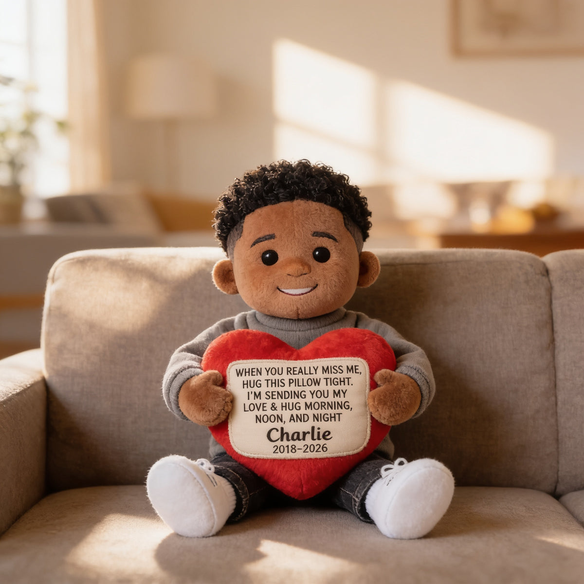 Personalized Memorial Black Little Boy Faux Fur Shaped Pillow Sympathy Keepsake