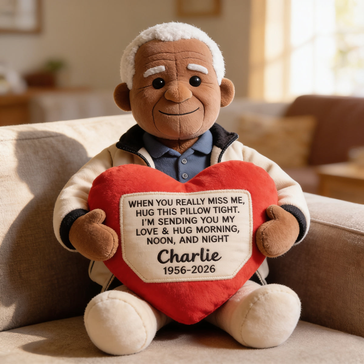 Personalized Memorial Older Black Man Grandpa Faux Fur Shaped Pillow Bereavement Gift