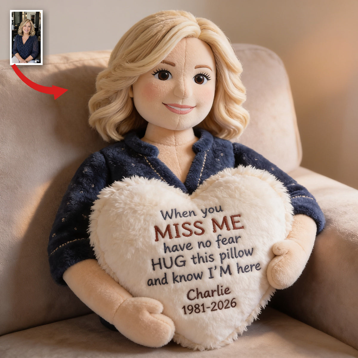 Personalized Middle-Aged Woman Memorial Faux Fur Shaped Pillow Mom Wife Remembrance Gift