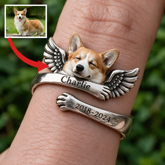 Personalized Tan and White Pembroke Welsh Corgi Memorial Adjustable Ring Keepsake