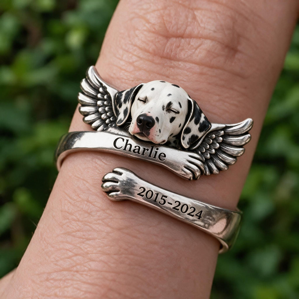 Personalized Black and White Spotted Dalmatian Memorial Adjustable Ring Pet Keepsake