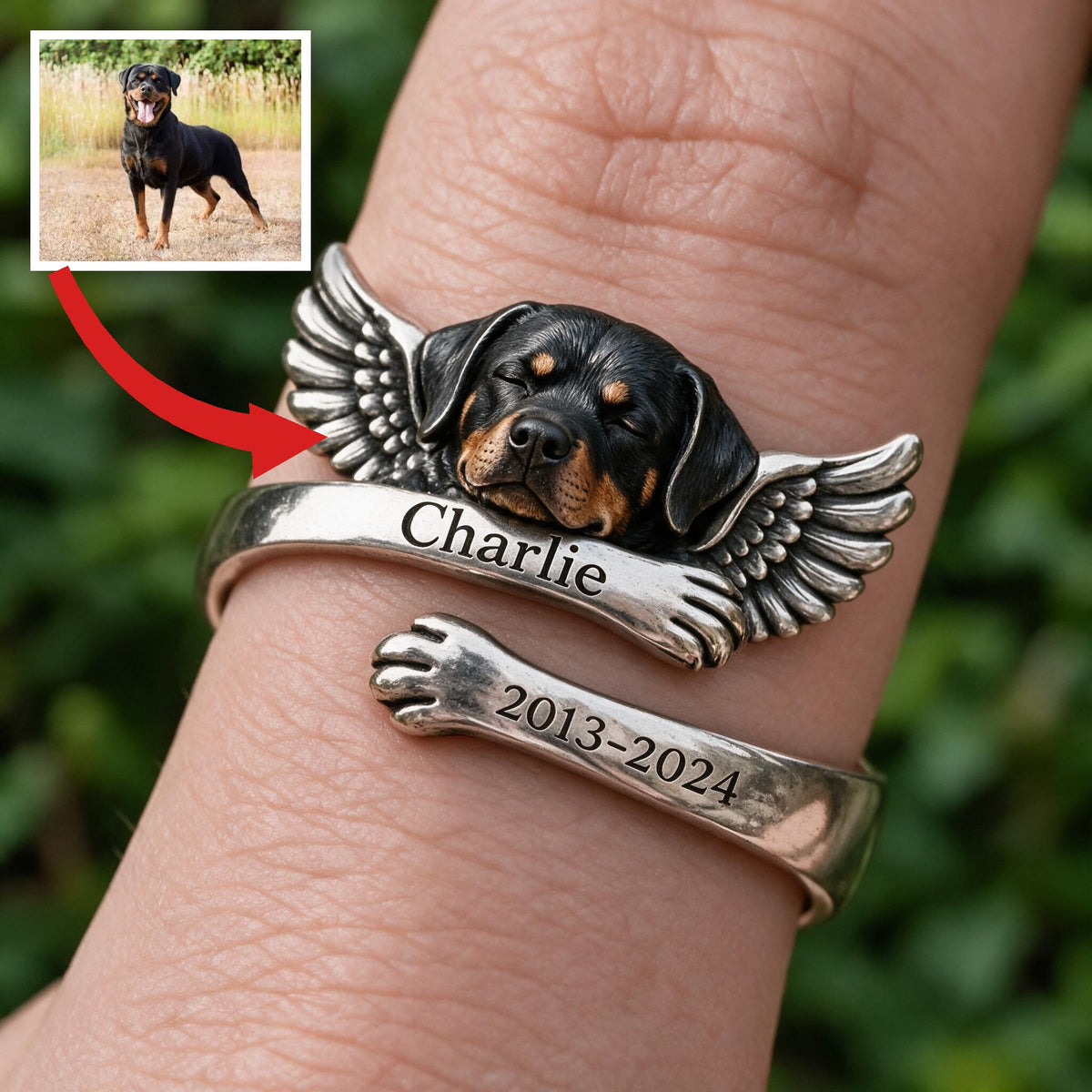 Personalized Black and Tan Adult Rottweiler Adjustable Memorial Ring Pet Keepsake