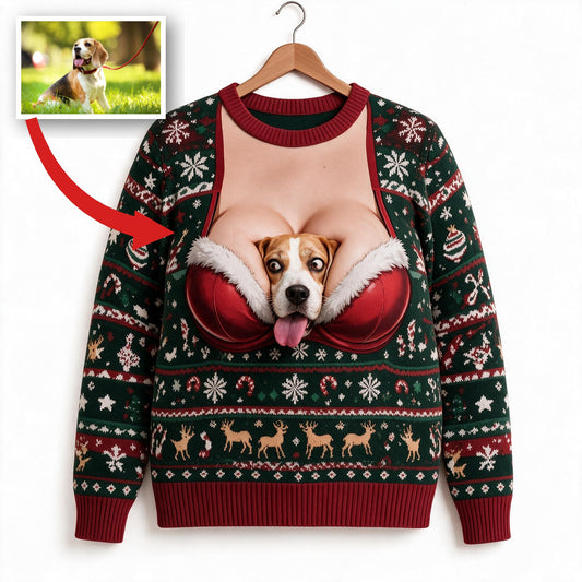 Custom Photo Christmas Tricolor Adult Beagle Funny Ugly Sweater