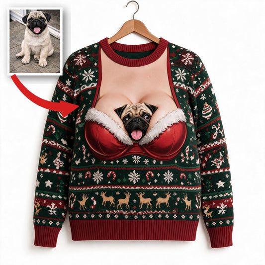 Custom Photo Christmas Fawn Pug Funny Ugly Sweater