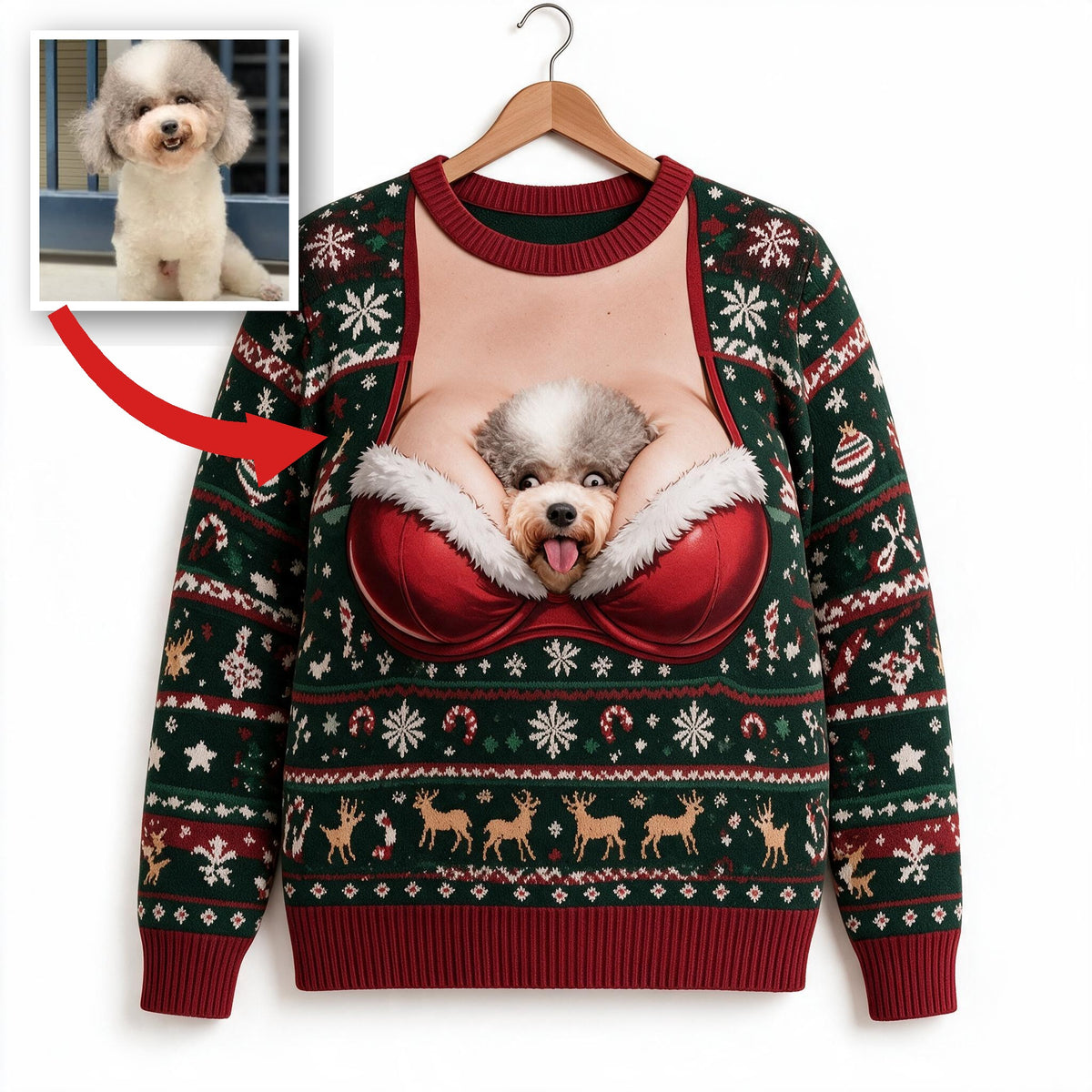 Custom Photo Christmas Curly Fur Adult Poodle Funny Ugly Sweater