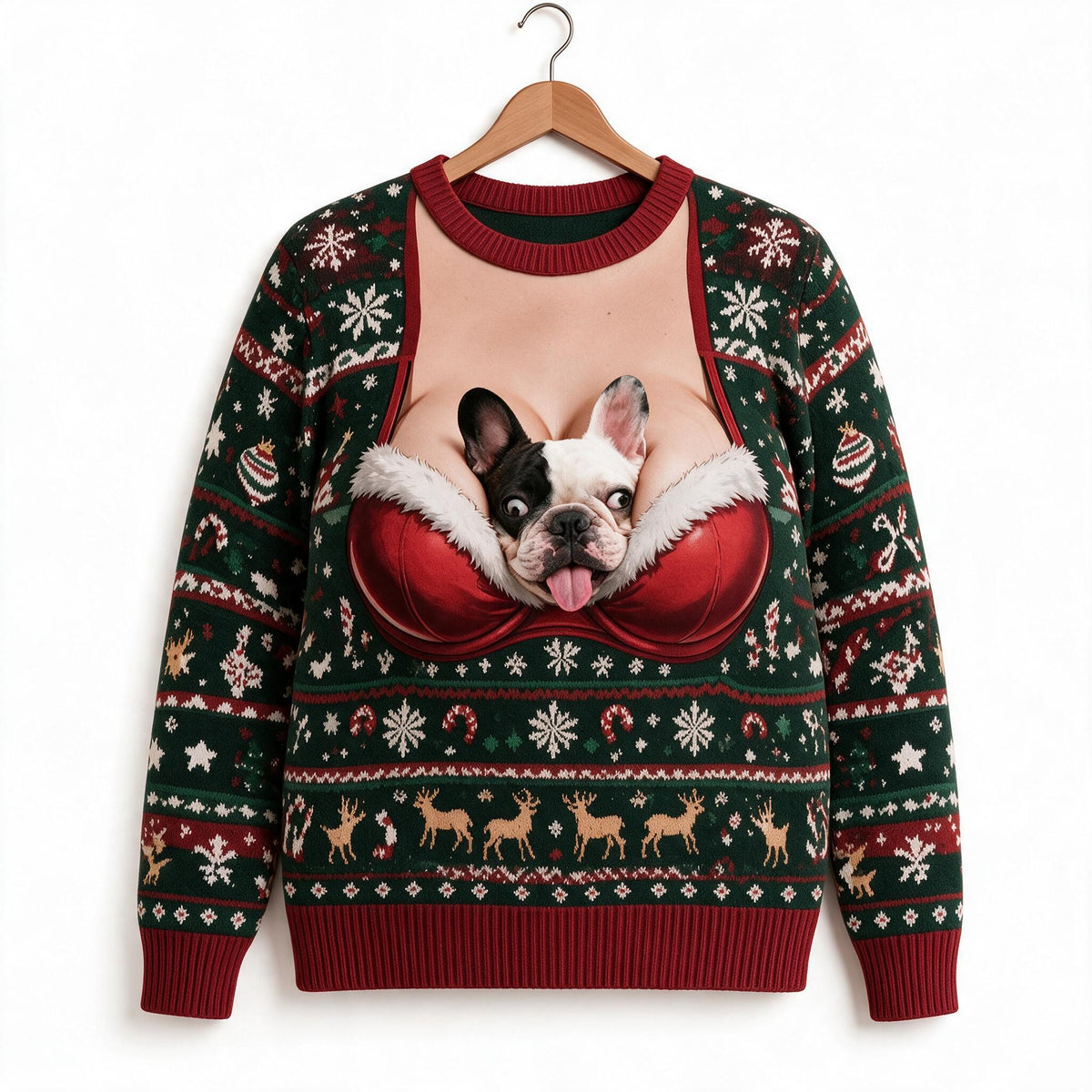 Custom Photo Christmas Black and White French Bulldog Ugly Sweater