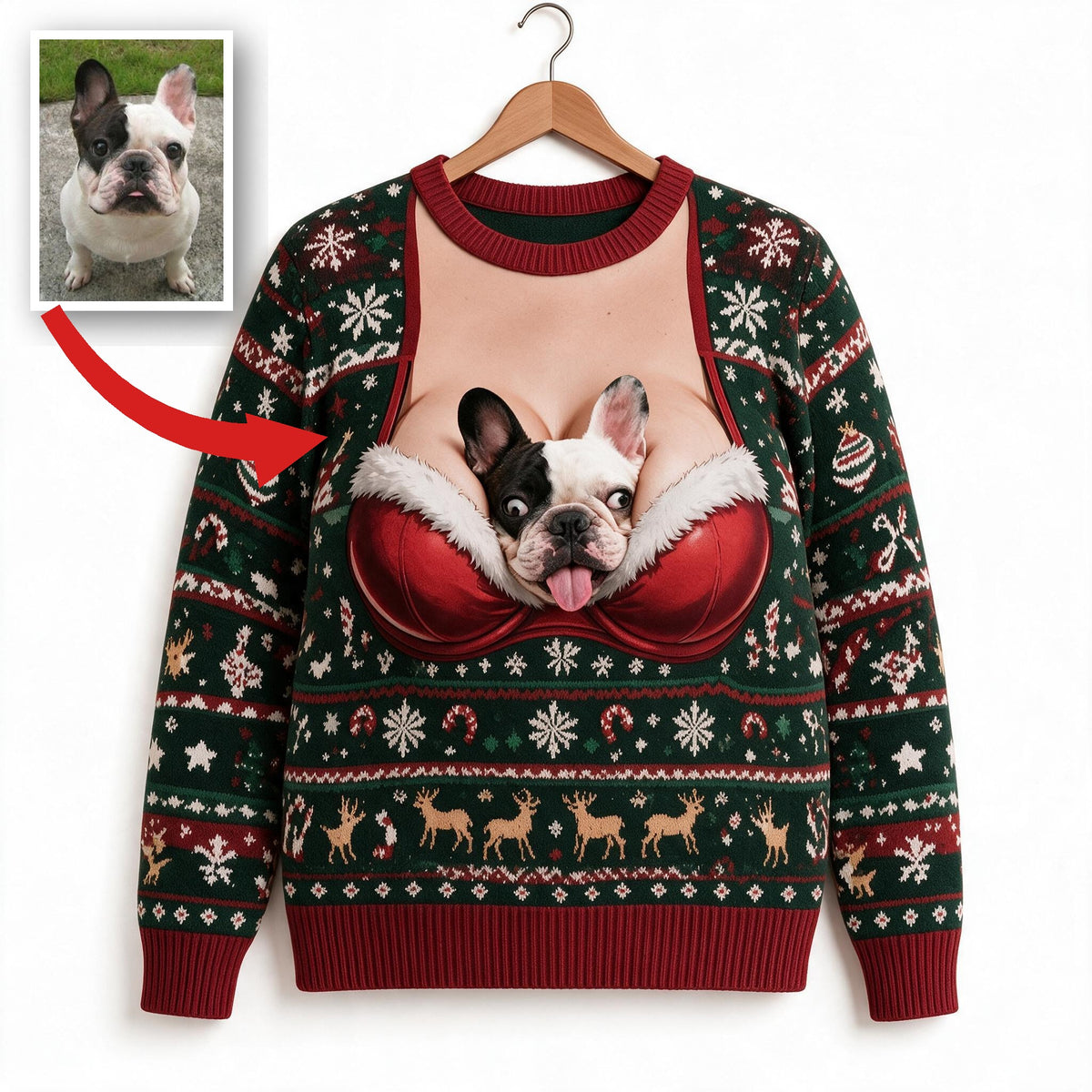 Custom Photo Christmas Black and White French Bulldog Ugly Sweater