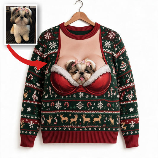 Custom Photo Christmas Fluffy Shih Tzu Ugly Sweater Funny Pet Gift