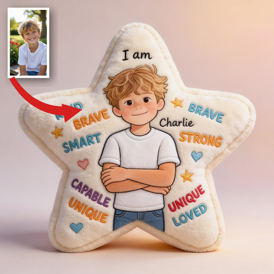 Personalized Little Boy Affirmation Star Faux Fur Pillow Kid Gift