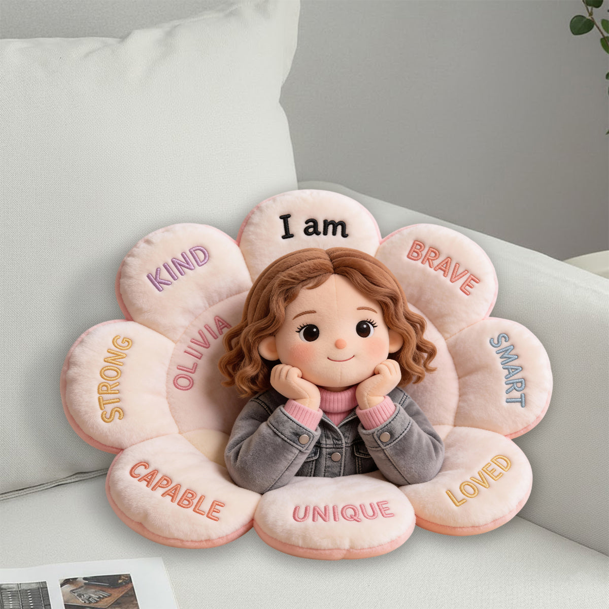 Personalized Little Girl Affirmation Faux Fur Shaped Pillow, Custom Gift for Daughter Granddaughter Niece